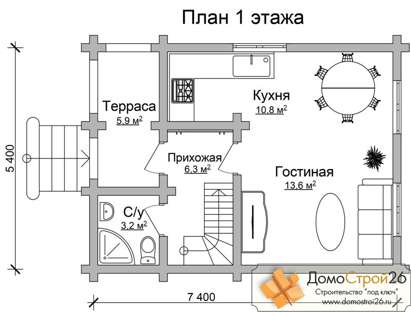 Дом из оцилиндрованного бревна Байкал - План 1 этажа
