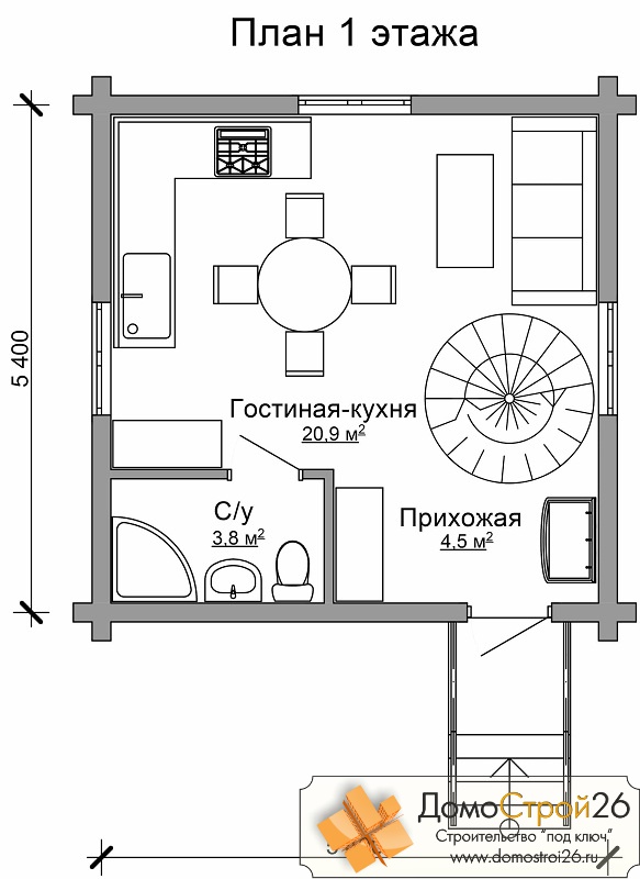 Дом из оцилиндрованного бревна Дачник - План 1 этажа