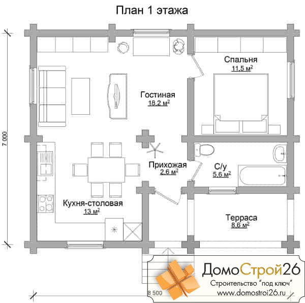Дом из оцилиндрованного бревна Дубрава - План 1 этажа