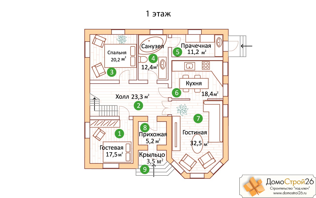 Проект кирпичного дома Артемида - План 1 этажа дома