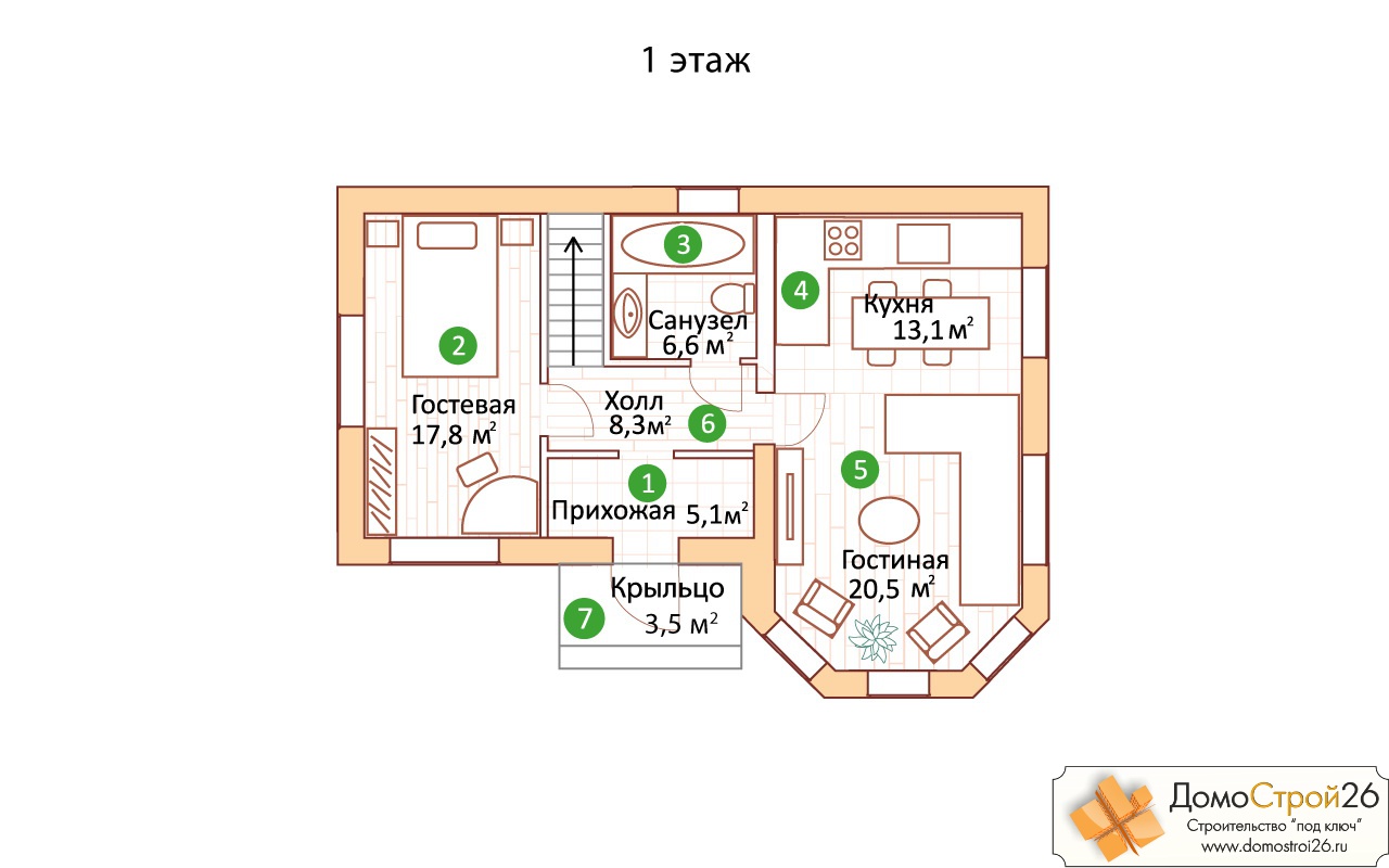 Проект кирпичного дома Добрыня - План 1 этажа дома