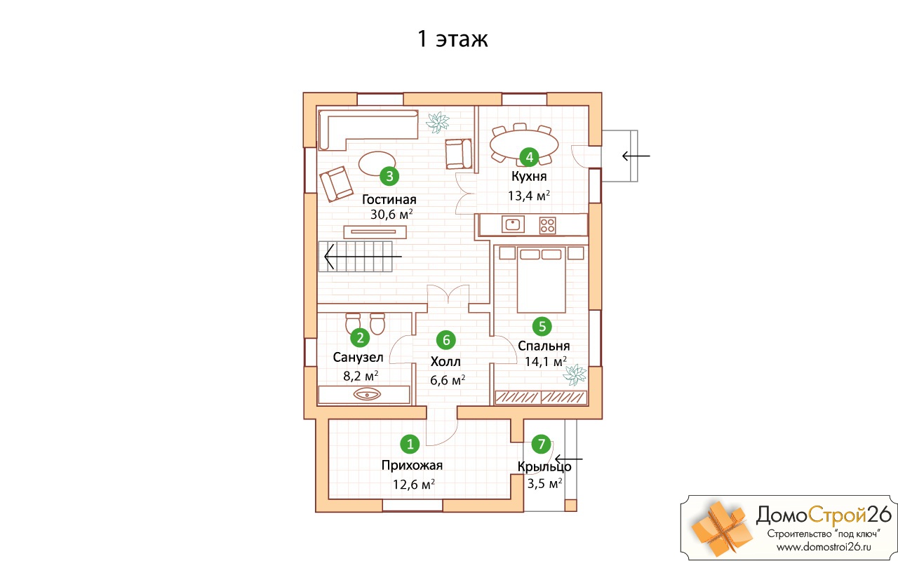 Проект кирпичного дома Фиона - План 1 этажа дома