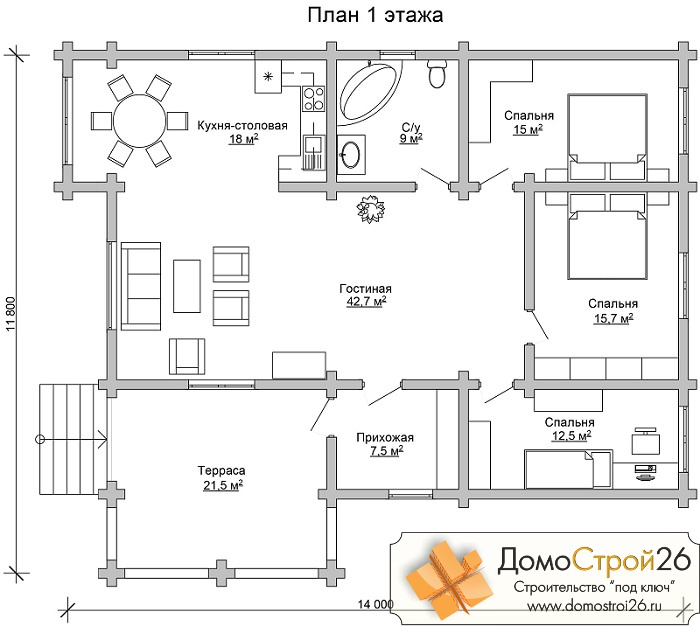 Дом из оцилиндрованного бревна Заречье - План 1 этажа